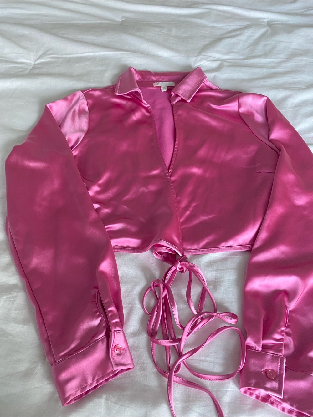 Gianni Bini Hot Pink Satin Tie-Front Crop Shirt